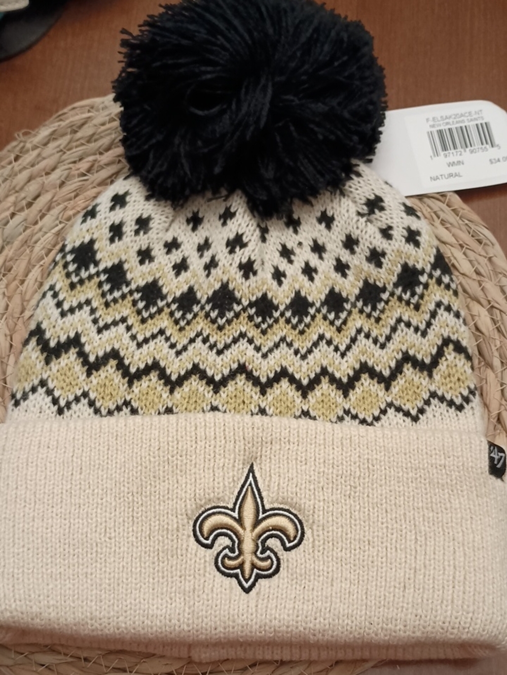 New Orleans Saints Cream Knit Pom Beanie with Black Pom and Team Fleur-de-Lis
